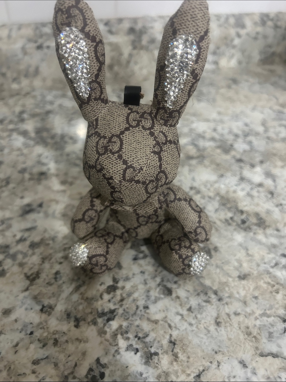 Designer-Inspired Brown Monogram Bunny Keychain with Crystal Accents
